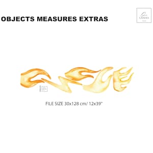 May include: A watercolour illustration featuring abstract flame shapes in orange and yellow hues. The image includes the text "OBJECTS MEASURES EXTRAS" and "FILE SIZE 30x128 cm". The Landia logo is in the upper right corner.