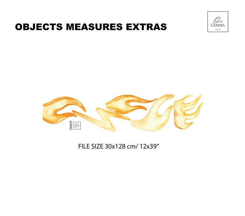 May include: A watercolour illustration featuring abstract flame shapes in orange and yellow hues. The image includes the text "OBJECTS MEASURES EXTRAS" and "FILE SIZE 30x128 cm". The Landia logo is in the upper right corner.