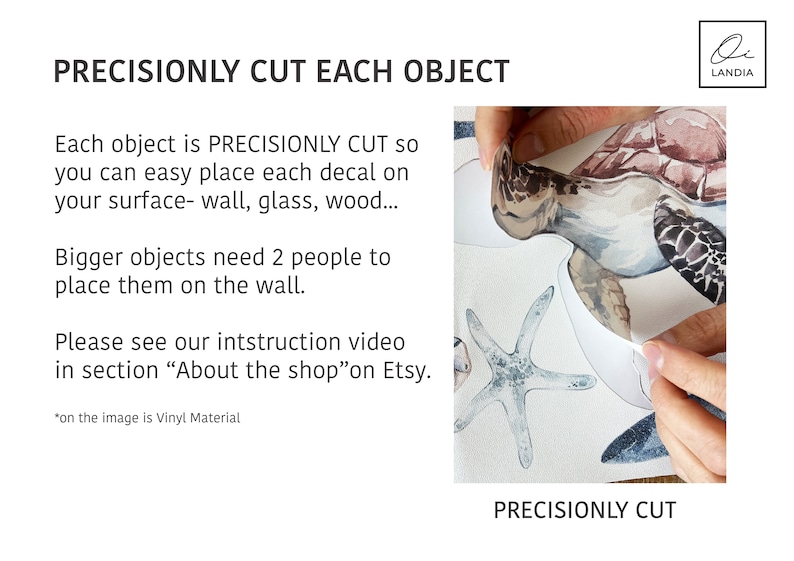 May include: Close-up of a hand peeling back a vinyl decal of a sea turtle and starfish. The decal is precisely cut, making it easy to apply to a wall, glass, or wood surface. The text "PRECISIONLY CUT" is visible at the bottom of the image.