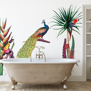 Peacock wall decal botanical, wall art with parrot  toucan ,Wall decal for Children a botanical lovers, Exotic Wall decal for kids room