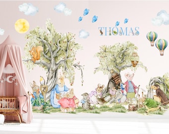 Custom Peter Rabbit Wall Decal Set Name, Personalized Nursery Decor, Kids Room Fabric Mural