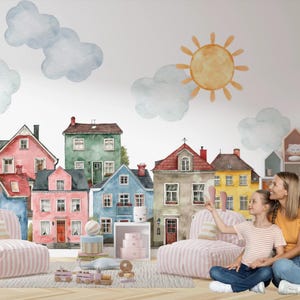 Adesivo da parete VILLAGE KIT per cameretta bambini, Case colorate, Adesivo da parete con casette di città acquerellate per cameretta, Adesivi da parete con casette del villaggio