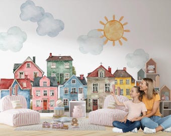 VILLAGE KIT Wall Decal for kids room, Colourful Houses,  Watercolour City Houses wall sticker for nursery, Village wall stickers with Houses