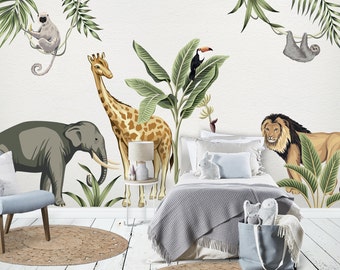 Décalcomanies murales Safari avec animaux de la savane, éléphants et lion, stickers Safari pour chambre d'enfant, décoration de chambre d'enfant girafe Safari