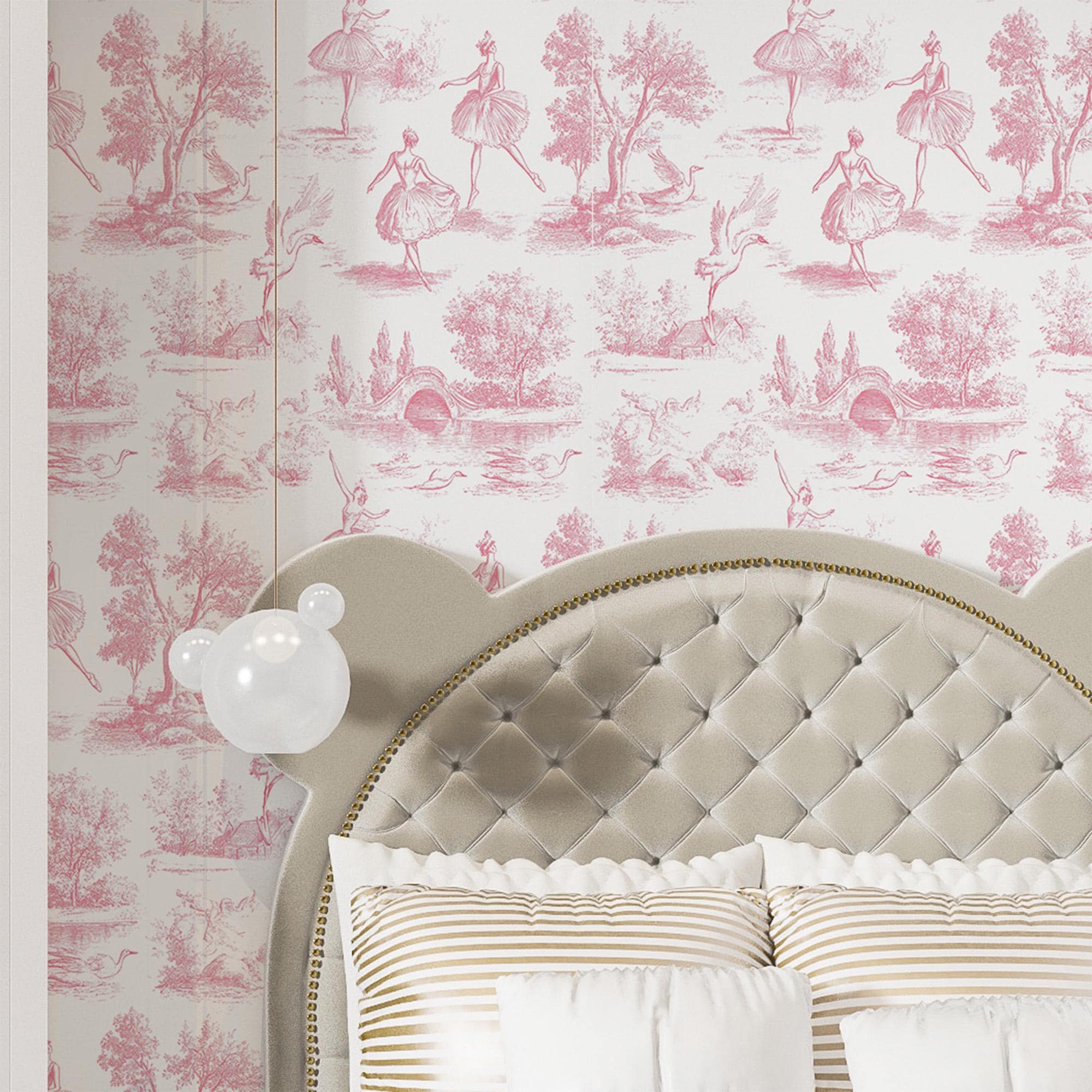Pink Toile De Jouy Wallpaper with Ballerinas, Peel And Stick or Unpasted Wallpaper Ballerinas