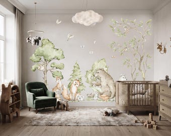 Watercolor Woodland Animals Nursery Wall Decals, Kids Forest Peel and Stick Decor