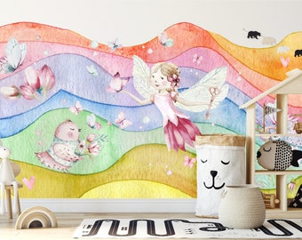 Wallpaper for Kids Rainbow with Fairy, Butterflies peel&stick ECO Textile Wallpaper