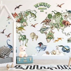 Décalcomanie murale carte du monde dinosaures, décalcomanie murale Jurassic World, décalcomanie carte du monde personnalisée, Stickers muraux chambre d'enfant, Stickers muraux dinosaures