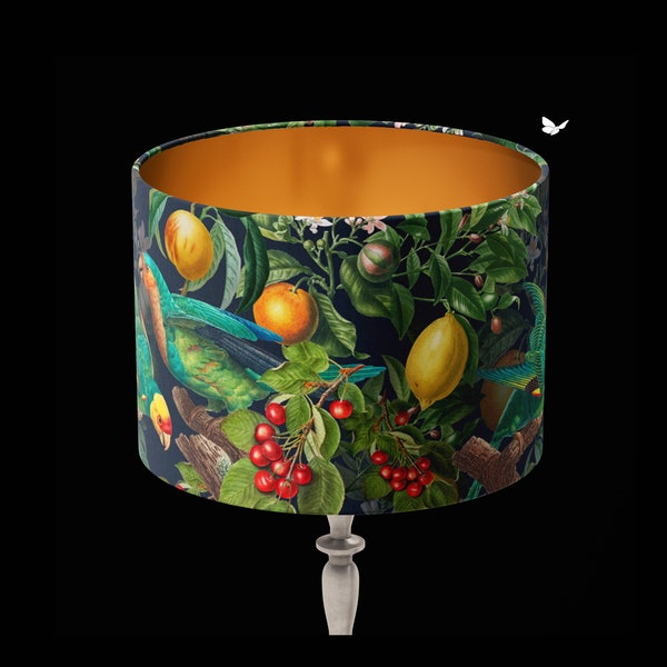 Abat-jour oiseaux et fruits exotiques, grand abat-jour avec doublure dorée, abat-jour pour lampe de table ou suspension, abat-jour design