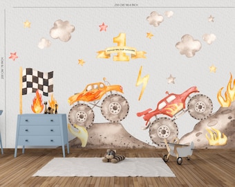 Personalized Monster Truck Wall Decals Set Watercolor Off-Road Vehicle Boys Room Name Stickers