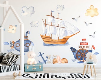 Pirate Ship Wall Decal, Sailing Boat Wall Decal, Submarine Wall Decal, Pirate Wall Decal, Anchor Wall Sticker, Nautical Nursery, Kids Decal