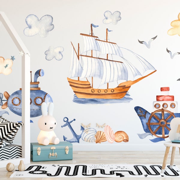 Décalcomanie murale bateau pirate, décalcomanie murale bateau à voile, décalcomanie murale sous-marin, décalcomanie murale pirate, décalcomanie murale ancre, pépinière nautique, décalcomanie enfant