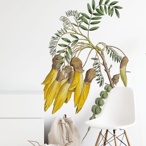Vintage gelbe Blume Wandaufkleber, Botanischer Garten Aufkleber, Sophora tetraptera Dekoration für Businessbereich, gelbe Blumen Aufkleber wiederverwendbar,