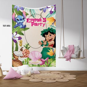 May include: A colorful party backdrop featuring cartoon characters Stitch and Lilo, with the text "Emma's Party". The design includes tropical flowers, a pineapple, and a seashell, creating a festive atmosphere.