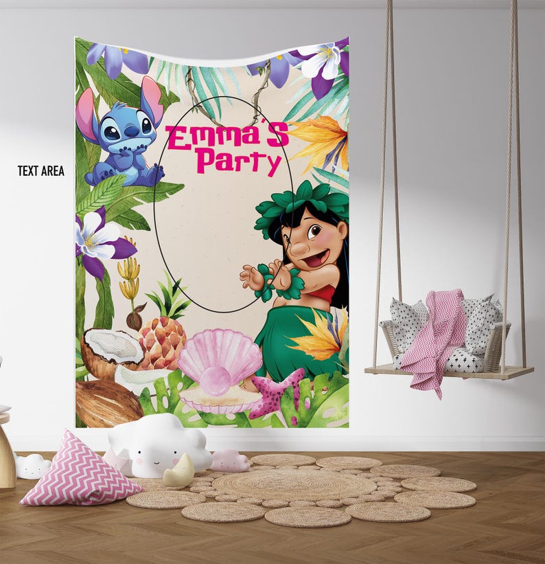 May include: A colorful party backdrop featuring cartoon characters Stitch and Lilo, with the text "Emma's Party". The design includes tropical flowers, a pineapple, and a seashell, creating a festive atmosphere.