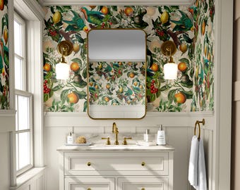 EXOTIC Wallpaper with PARROTS, Kitchen Wallpaper, Citrus Wallpaper, Peel And Stick, Fruit Wall Mural, Orange Wallpaper