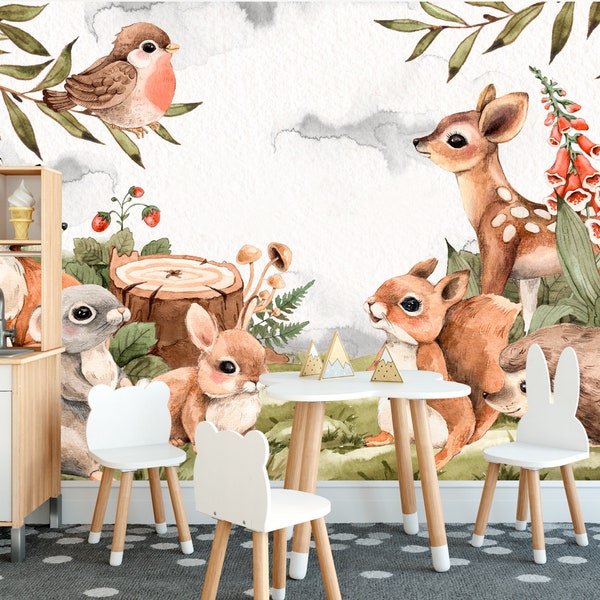 Forest Wallpaper for kids, Kids Wallpaper, Forest Animals Nursery Decal, Kids Room Wall Mural,  Kids Wallpaper, Wildlife Animal  Wallpaper