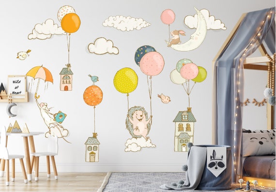 Hérisson, souris, lapin et ballons à air sticker mural chambre denfant  sticker mural chambre denfant, murale pour enfants et chambre denfant -   France