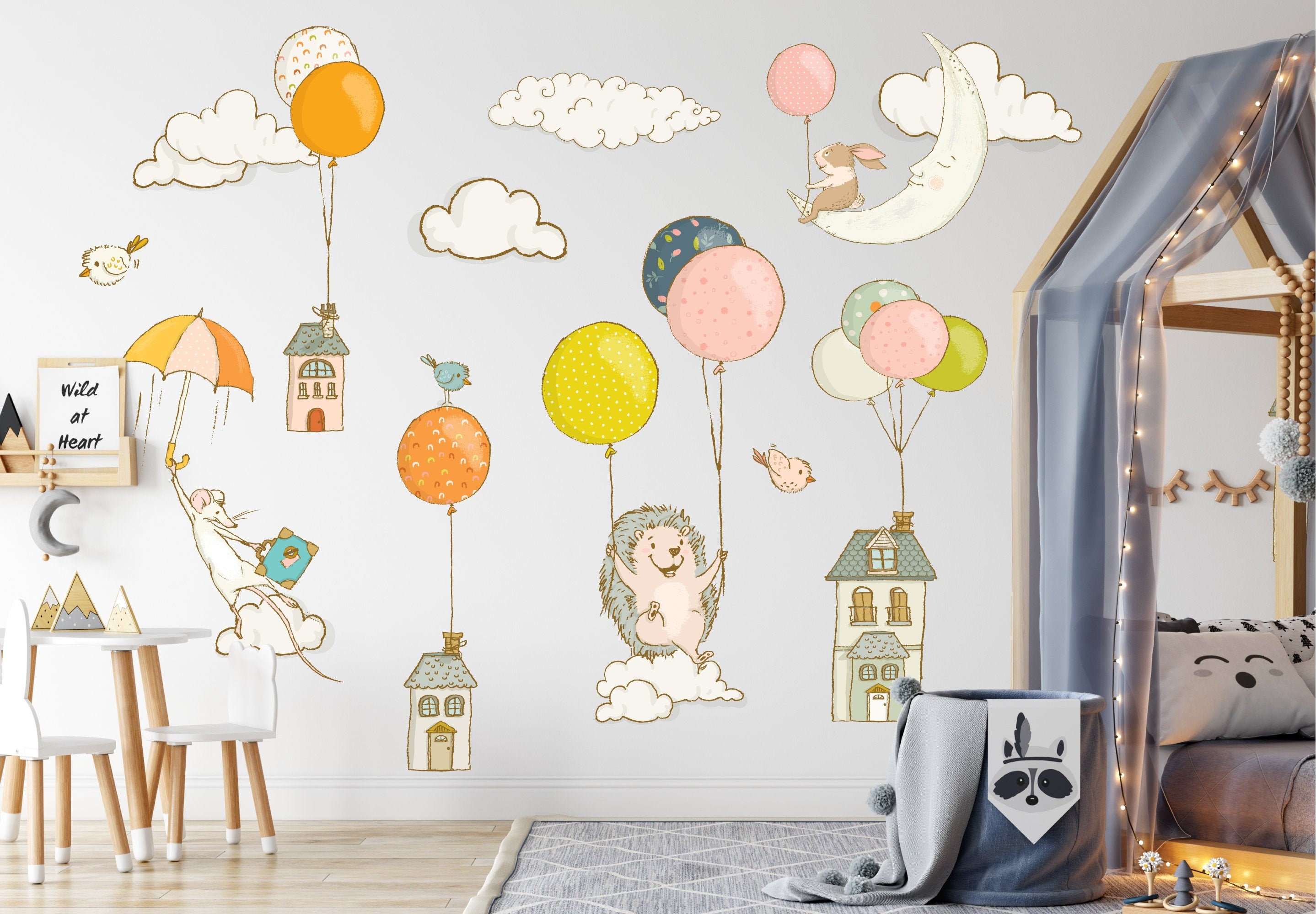 Igel, Maus, Hase und Heißluftballons Wandtattoo, Wandbild für Kinderzimmer,  Wandbild für Kinderzimmer und Kinderzimmer