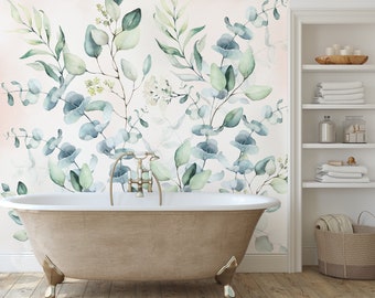 Botanical Wallpaper, Eucalyptus Wallpaper, Peel And Stick Wallpaper, Botanical Wall Mural, Living Room Decal, Bathroom Wallpaper,