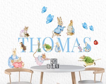 Custom Peter Rabbit Name Decal, Personalized Bunny Nursery Wall Sticker, Kids Bedroom Fabric Art