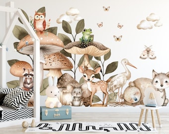 Magic Mushroom Forest Wall Decals, Owl Stork Bear Nursery Stickers, Woodland Fairy Fabric