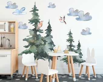 Forest Tree Wall Decal, Pine Fabric Sticker, Woodland Nursery Decor, Watercolor Nature Bedroom Mural
