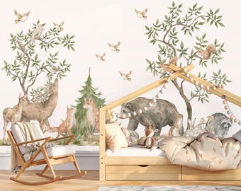 Watercolor Woodland Animals Wall Decals - Forest Nursery Stickers with Deer, Bear & Fox, Reusable Eco-Friendly