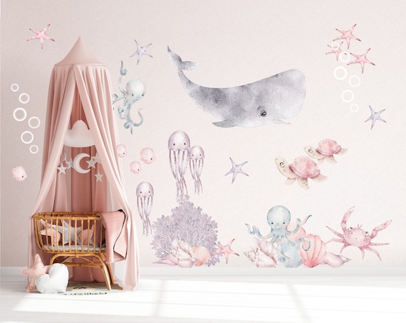 Pink Whale and Octopus Wall Decals – Watercolor Undersea Girls Nursery Stickers