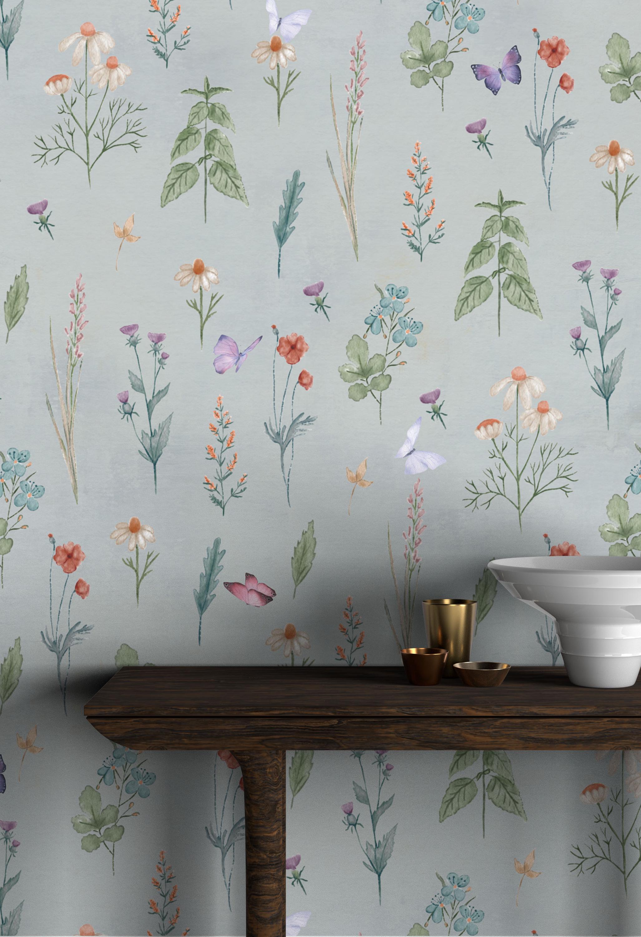 French Meadow Wallpaper Mural | Blue Floral Wallpaper | Smoky Colour Benjamine Moore