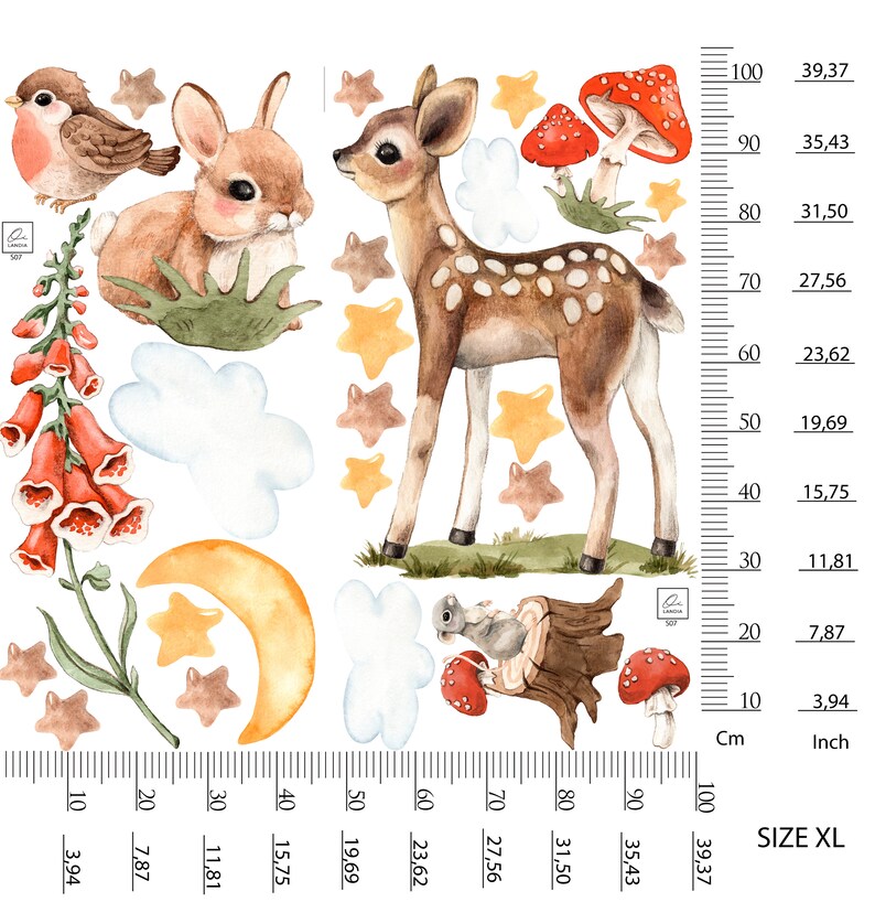 May include: A watercolor illustration featuring a fawn, a rabbit, a bird, mushrooms, and stars. The illustration is on a white background with a ruler in the bottom right corner. The ruler is marked in centimeters and inches.