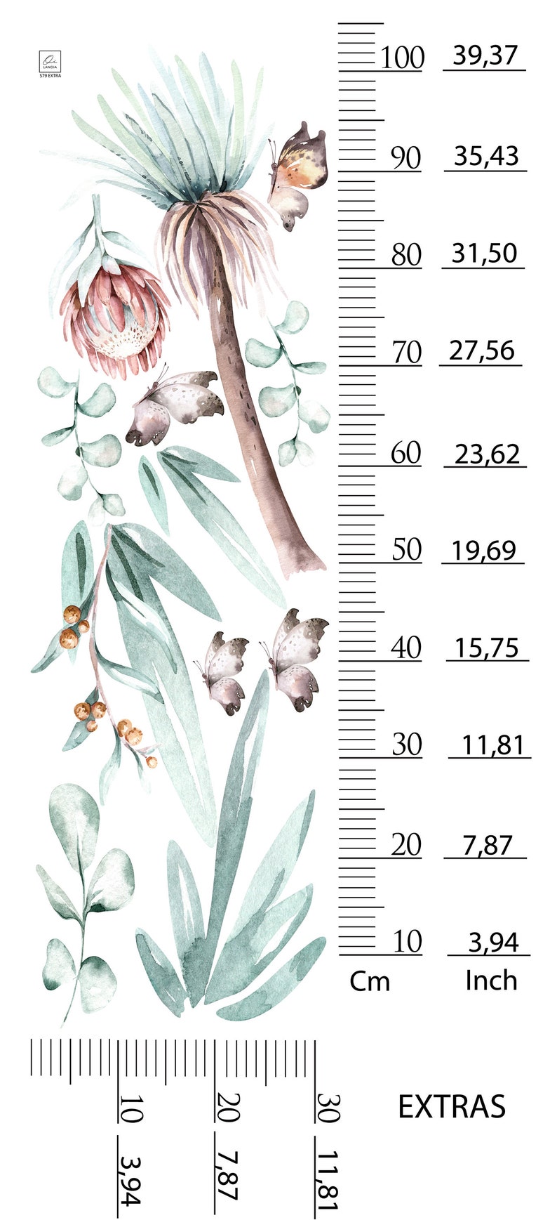 Botanical Ruler Watercolor Emu Wall Decals, Australian Bird Stickers, Butterflies ...