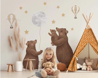Bear Family Wall Decal, Parent Cub Fabric Sticker, Woodland Nursery Mural