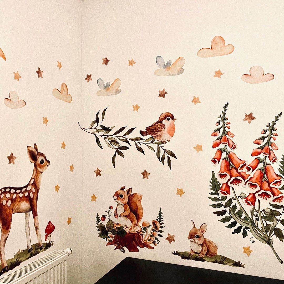 Woodland Fairy Forest Wall Decals With Animals Doe, Rabbit, Squirrel