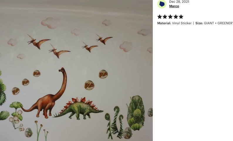 May include: A wall decal featuring a prehistoric scene with dinosaurs and flying reptiles. The design includes a brown Brontosaurus, a green Stegosaurus, and several Pterodactyls. Soft pink clouds and green foliage complete the scene. The decal is made of vinyl.