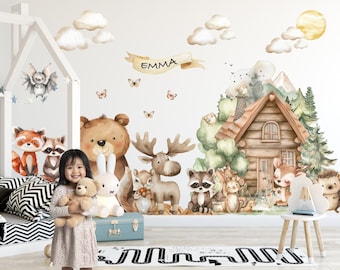 Woodland Animals Wall Decals, Bear Deer Hedgehog Squirrel Watercolor Forest Nursery Fabric Bedroom