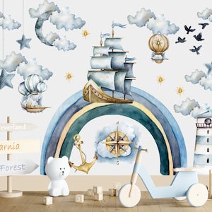 Rainbow Airships Wall Decal for kids, Rainbow Wall Stickers, Vintage Hot Air Balloons Wall Decal, Nursery Wall Tattoo, Hot Air Ballon Decal