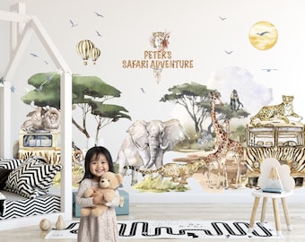 Personalized Safari Adventure Wall Graphics, Giant Jungle Animal Name Decals, Exotic Wildlife Nursery Mural