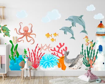 Ocean Friends Wall Decals Baby Nursery Sea Animals Decor Dolphin Octopus Turtles Watercolor Stickers
