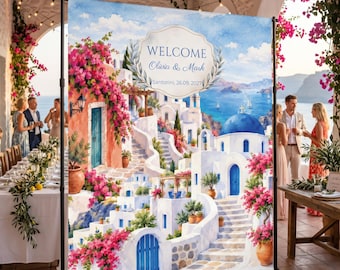 Santorini Wedding Welcome Sign Backdrop, Greek Rehearsal Dinner Photo Booth Banner, Watercolor Mediterranean Party Decor