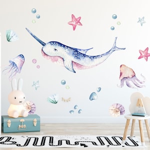 Muursticker oceaan, muurstickers narwal, muursticker zeeleven, muursticker kinderkamer, muursticker haai, sticker Under The See, decor oceaanleven