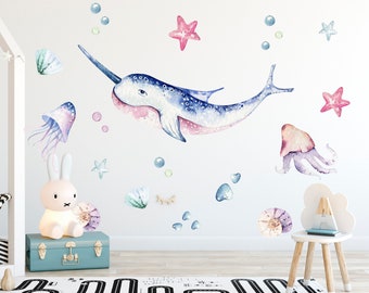 Ocean Wall Decal, Narwhal Wall Stickers, Sea life Wall Decal, Nursery Wall Decal, Shark Wall Decal, Under The See Decal, Ocean life decor
