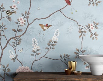 French Moire Blue Chinoiserie Wallpaper Mural | Blue Floral Wallpaper
