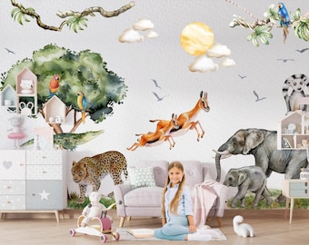 Safari Elephant Family Tree Wall Decals, Cheetah Crocodile Antelope Parrot, Watercolor Nursery Fabric Bedroom