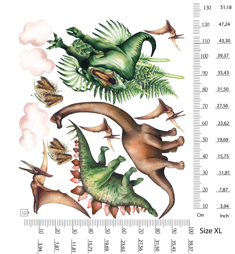 May include: Watercolor illustration of various dinosaurs, including a green Spinosaurus, a brown Brachiosaurus, and a green Stegosaurus, with pterodactyls and clouds. The image has a ruler with measurements in inches and centimeters. Size XL.