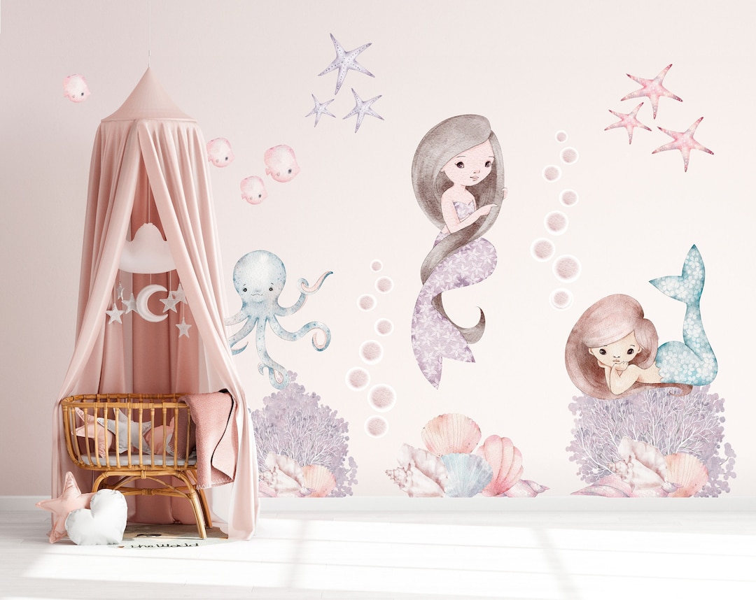 Watercolor Mermaid Wall Decals Ocean Octopus Coral Reef Nursery Girls ...