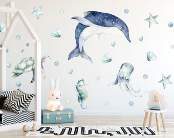 Ocean Wall Decal, Under The Sea Wall Stickers, Watercolor Wall Stickers, Dolphin, Turtle, Jellyfish, Seahorse, Ocean Nursery Wall Decal,