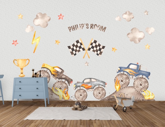 Custom Name Monster Truck Wall Decals – Personalized Set of 3 Watercolor Trucks