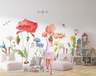 Watercolor Meadow Wall Decals – Wildflower Garden and Butterflies Floral Nursery Room Stickers