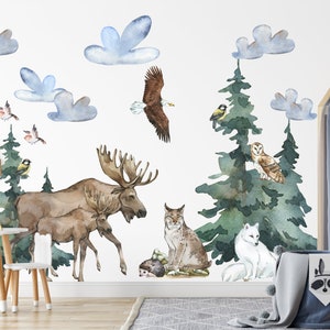 Adesivi murali animali della foresta, alce, volpe artica, lince, riccio, gufo, murales da parete del bosco per bambini, animali della foresta per bambini